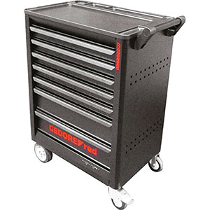 CARRELLI PORTAUTENSILI Tipo a 7 cassetti (5xh70 mm, 2xh145 mm) di dimensioni mm 482x345.<br>Dimensioni carrello mm 709x470x970.<br>Con maniglia di trasporto. Senza utensili. Colore nero/antracite.<br>Per moduli con utensili ved. Art. 998 G 9F a 998 G 9ZE.<br>Peso Kg 65. tool trolleys 998G 8C