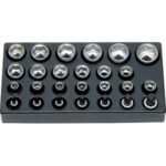 MODULI CON UTENSILI PER CARRELLI ART. 998 G 8A MODULO SINGOLO<br>Larghezza per profondità modulo mm 157,5x310.<br>Contenuto 26 pezzi escluso modulo:<br>19 pz. Art. 971 RM mm 10-11-12-13-14-15-16-17-18-19-21-22-23-24-26-27-28-30-32<br>7 pz. Art. 971 RQ mm 6-7-8-9-10-12-14. moduls with tools for trolleys art. 998 G 8A 998G 9L