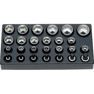 MODULI CON UTENSILI PER CARRELLI ART. 998 G 8A MODULO SINGOLO<br>Larghezza per profondità modulo mm 157,5x310.<br>Contenuto 26 pezzi escluso modulo:<br>19 pz. Art. 971 RM mm 10-11-12-13-14-15-16-17-18-19-21-22-23-24-26-27-28-30-32<br>7 pz. Art. 971 RQ mm 6-7-8-9-10-12-14. moduls with tools for trolleys art. 998 G 8A 998G 9L