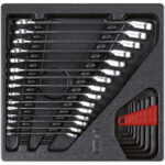 MODULI CON UTENSILI PER CARRELLI ART. 998 G 8A MODULO DOPPIO<br>Larghezza per profondità modulo mm 315x310.<br>Contenuto 23 pezzi escluso modulo:<br>15 pz. Art. 879 GE mm 8-9-10-11-12-13-14-15-16-17-18-19-20-21-22<br>8 chiavi in serie per esagoni interni mm 2-2,5-3-4-5-6-8-10. moduls with tools for trolleys art. 998 G 8A 998G 9ME