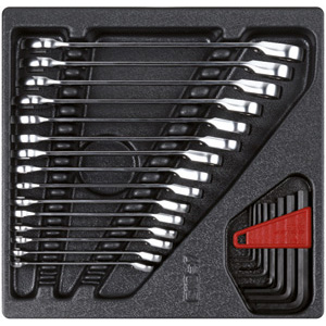 MODULI CON UTENSILI PER CARRELLI ART. 998 G 8A MODULO DOPPIO<br>Larghezza per profondità modulo mm 315x310.<br>Contenuto 23 pezzi escluso modulo:<br>15 pz. Art. 879 GE mm 8-9-10-11-12-13-14-15-16-17-18-19-20-21-22<br>8 chiavi in serie per esagoni interni mm 2-2,5-3-4-5-6-8-10. moduls with tools for trolleys art. 998 G 8A 998G 9ME