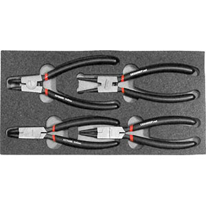 MODULI CON UTENSILI PER CARRELLI ART. 998 G 8A MODULO SINGOLO<br>Larghezza per profondità modulo mm 157,5x310.<br>Contenuto 4 pezzi escluso modulo:<br>1 pz. pinza per anelli di fermo interni mm 19-60, tipo diritto<br>1 pz. pinza per anelli di fermo interni mm 19-60, tipo curvo a 90°<br>1 pz. pinza per anelli di fermo esterni mm 19-60, tipo diritto<br>1 pz. pinza per anelli di fermo esterni mm 19-60, tipo curvo a 90° moduls with tools for trolleys art. 998 G 8A 998G 9RV