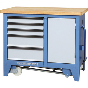 BANCHI A CARRELLO Tipo a 5 cassetti scorrevoli su guide e rulli, dimensioni mm 480x550 e 1 vasto scomparto laterale con sportello. Portata kg 1000 in posizione fissa. Senza utensili. mobile work benches 999GR