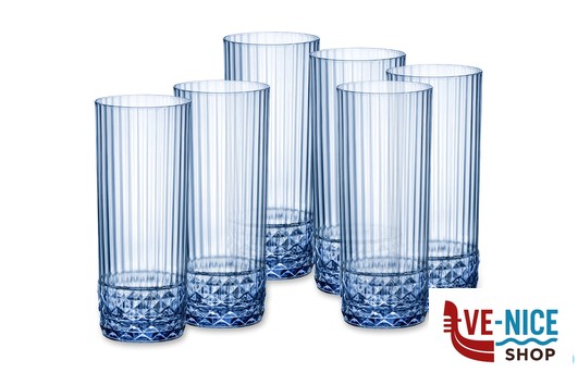 vetro AMERICA '20S BLU ZAFFIRO CONFEZIONE DA 6 BICCHIERI LONG DRINK CL 40 H.15,8 DIAMETRO 6,8 122158 BORMIOLI ROCCO