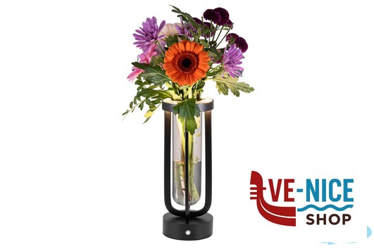 lampade FLORENCE-LAMPADA DA TAVOLO-VASO FIORI NERA VETRO-METALLO CM 9X9H.26 RICARICABILE SECURIT - immagine 4