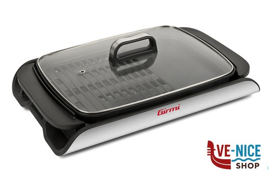 barbecue GIRMI-GRIGLIA-BARBECUE PIASTRA ANTIADERENTE CM 40X30 REGOLAZIONE DELLA TEMPERATURA 2000W CON COPERCHIO IN VETRO TREVIDEA