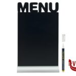 soprammobili LAVAGNA DA TAVOLO CON SCRITTA "MENU" SAGOMATA NELLA PARTE ALTA, BASE IN ALLUMINIO CM 21X6 H 34,2 CON 1 PENNARELLO BIANCO INCLUSO     FBTA-MENU SECURIT