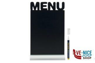 soprammobili LAVAGNA DA TAVOLO CON SCRITTA "MENU" SAGOMATA NELLA PARTE ALTA, BASE IN ALLUMINIO CM 21X6 H 34,2 CON 1 PENNARELLO BIANCO INCLUSO FBTA-MENU SECURIT