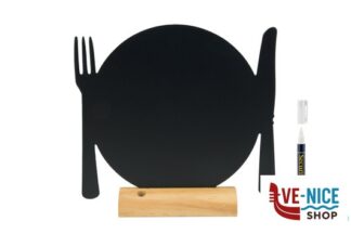 soprammobili LAVAGNA DA TAVOLO A FORMA DI PIATTO CON POSATE, BASE IN LEGNO CM 24X25,3X6 CON 1 PENNARELLO BIANCO INCLUSO FBT-PLATE SECURIT