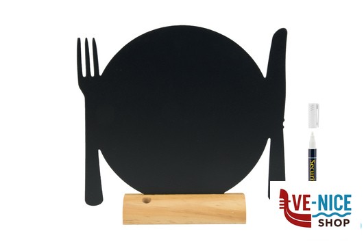 soprammobili LAVAGNA DA TAVOLO A FORMA DI PIATTO CON POSATE, BASE IN LEGNO CM 24X25,3X6 CON 1 PENNARELLO BIANCO INCLUSO FBT-PLATE SECURIT