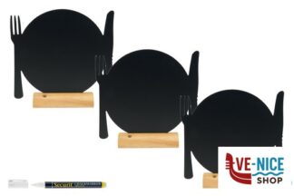 soprammobili SET DA 3 LAVAGNETTE DA TAVOLO A FORMA DI PIATTO CON POSATE, BASE IN LEGNO CM 10X10,5X2 CON 1 PENNARELLO BIANCO INCLUSO FBT-PLATE-3 SECURIT