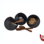 0 MOON-SET 6 PEZZI COMPOSTO DA 3 COPPETTE MELAMINA NERA CM 8 H.7,5 0,5 LT E 3 CUCCHIAI IN LEGNO APS  ASSHEUER POTT GMBH E CO KG