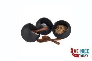 0 MOON-SET 6 PEZZI COMPOSTO DA 3 COPPETTE MELAMINA NERA CM 8 H.7,5 0,5 LT E 3 CUCCHIAI IN LEGNO APS ASSHEUER POTT GMBH E CO KG