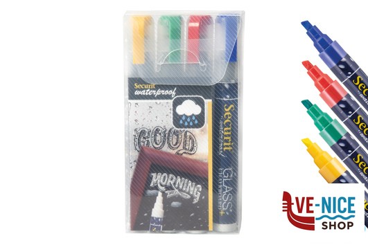 altri SET 4 PENNARELLI A GESSO LIQUIDO RESISTENTI ALL'ACQUA, PUNTA MEDIA 2-6 MM A SCALPELLO, COLORI ASSORTITI (BLU, ROSSO, VERDE E GIALLO) SMA610-V4 SECURIT