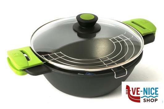 antiederente PRIOR-CASSERUOLA CONCAVA 2MANICI CM.28 CON COPERCHIO E GRIGLIA 3560V228 PINTI INOX