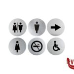 segnaletiche SET DA 6 TARGHETTE ADESIVE IN ACCIAIO INOX PER PORTA O MURI CON ICONE (DONNA, UOMO, UOMO-DONNA, DISABILI, FRECCIA, DIVIETO FUMO) CM 10 SI-SS-SET SECURIT