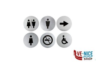 segnaletiche SET DA 6 TARGHETTE ADESIVE IN ACCIAIO INOX PER PORTA O MURI CON ICONE (DONNA, UOMO, UOMO-DONNA, DISABILI, FRECCIA, DIVIETO FUMO) CM 10 SI-SS-SET SECURIT