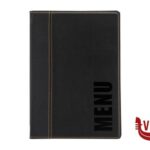porta menu TRENDY-PORTAMENU IN SIMILPELLE NERO SCRITTA MENU IN BASSORILIEVO FORMATO A4 24,6X34 ELASTICO ALLINTERNO PER CONTENERE GLI INSERTI UN INSERTO INCLUSO SECURIT