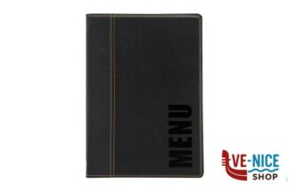 porta menu TRENDY-PORTAMENU IN SIMILPELLE NERO SCRITTA MENU IN BASSORILIEVO FORMATO A4 24,6X34 ELASTICO ALLINTERNO PER CONTENERE GLI INSERTI UN INSERTO INCLUSO SECURIT