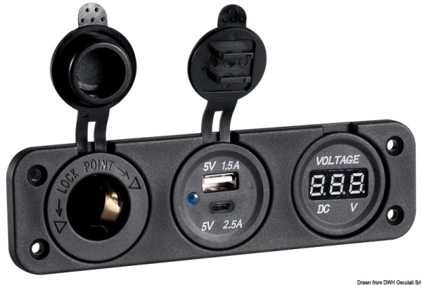 Osculati 14.517.53 Voltmetro Digitale E Presa Corrente Usb Doppia A+C voltometroamperometro digitale e prese corrente con montaggio ad incasso