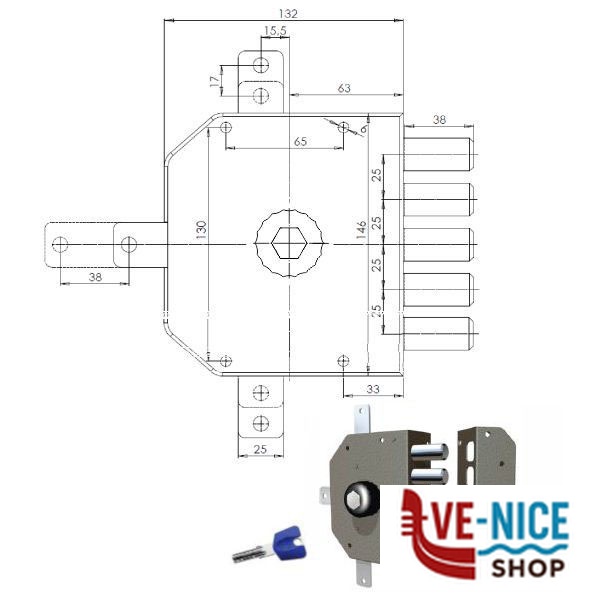 SERRATURA SIC.QUINTUPLICE DX POMPA 3300 MC CR 3300P-01MCK55/29 CR SERR.LEGNO APPLICARE S - immagine 3