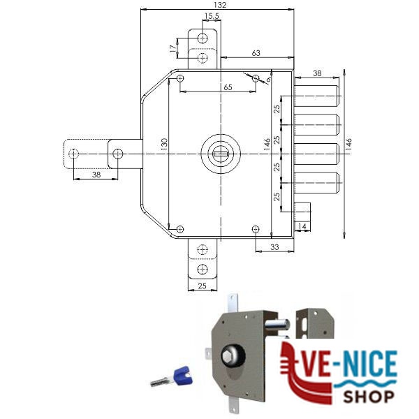 SERRATURA SIC.QUINTUPLICE DX POMPA 3350 MC CR 3350P-01MCK55/29 CR SERR.LEGNO APPLICARE S - immagine 3