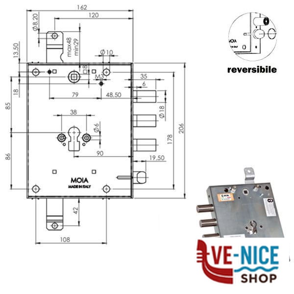 SERRATURA SIC.TRIPLICE CIL. E89 RMGA664/373 MOIA 664/373RFB MOIA SERR.BLINDATE S - immagine 3