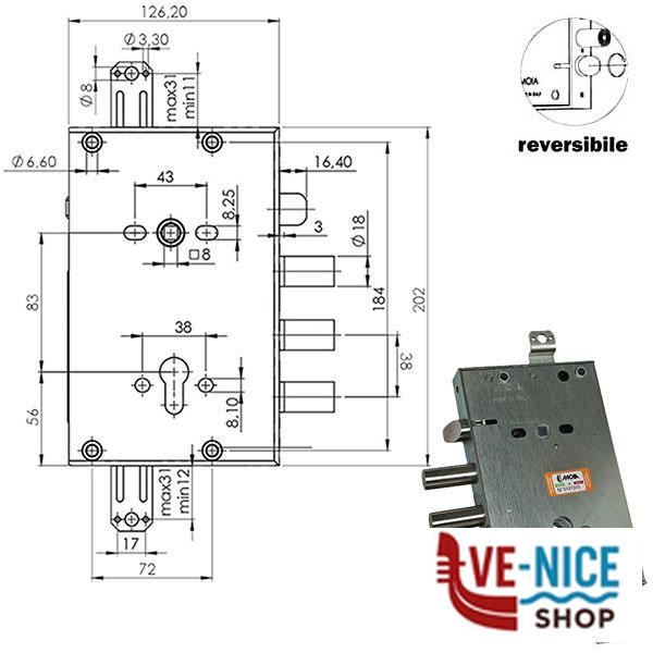 SERRATURA SIC.TRIPLICE CIL. E63 RCI664/380 MOIA 664/380RFB MOIA SERR.BLINDATE S - immagine 2