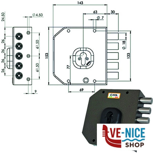 SERRATURA SIC.SEMPLICE DX CIL. A451 MOIA A451DXB MOIA SERR.LEGNO APPLICARE S - immagine 2
