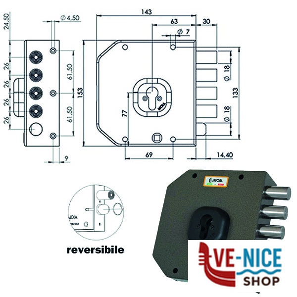 SERRATURA SIC.SEMPLICE DX CIL. A452 MOIA A452DXB MOIA SERR.LEGNO APPLICARE S - immagine 2