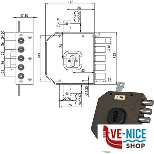 SERRATURA SIC.TRIPLICE SX CIL. A453 MOIA A453SXB MOIA SERR.LEGNO APPLICARE S - immagine 3