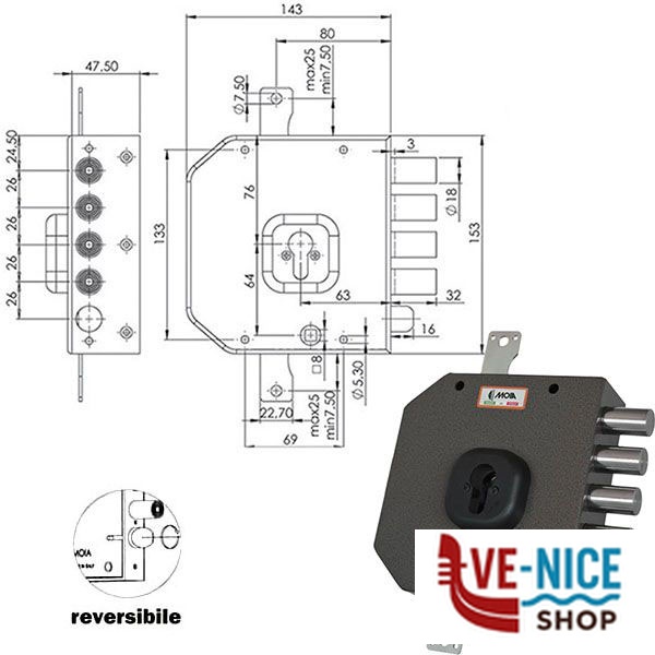 SERRATURA SIC.TRIPLICE DX CIL. A454 MOIA A454DXB MOIA SERR.LEGNO APPLICARE S - immagine 2