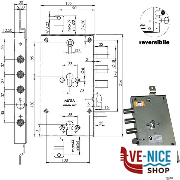 SERRATURA SIC.TRIPLICE CIL. E63 RMTO6654/370 MOIA RMTO6654/370DFB/S1D6 MOIA SERR.BLINDATE S - immagine 2