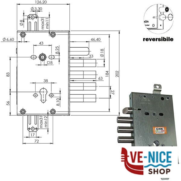 SERRATURA SIC.TRIPLICE CIL. E63 RCI664+33/270 MOIA RCI664/270RFB+33 MOIA SERR.BLINDATE S - immagine 3