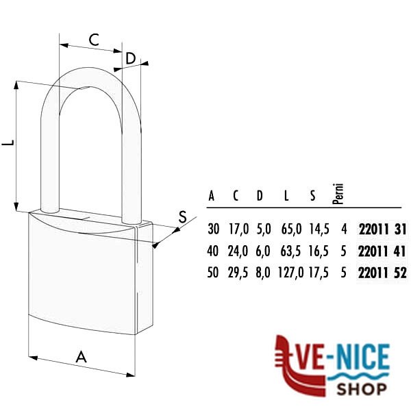 LUCCHETTO OTTONE mm 50 ARCO EXTRA LUNGO 22011 CISA 22011.52.0 CISA LUCCHETTI S - immagine 2
