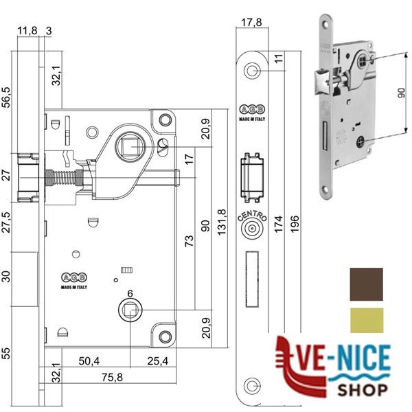 SERRATURA INF.LEGNO CENTRO E50 BAGNO CR 1005 AGB B01005.50.34 AGB SERR.LEGNO INFILARE S - immagine 2