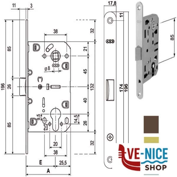 SERRATURA INF.LEGNO MEDIANA E35 OTTONATA 1103 AGB B01103.35.03 AGB SERR.LEGNO INFILARE S - immagine 2