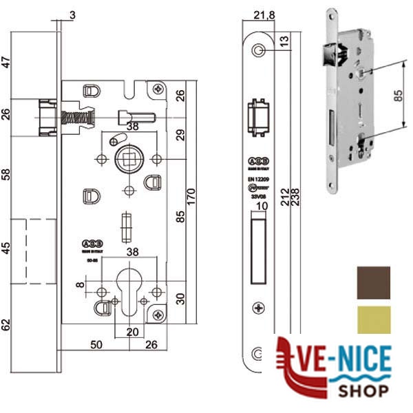 SERRATURA INF.LEGNO DUO E40 BRONZATA 851 AGB B80851.40.22 AGB SERR.LEGNO INFILARE S - immagine 3