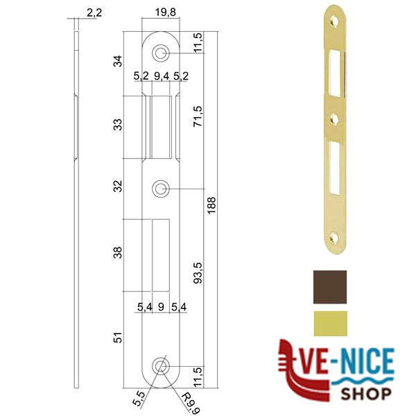 INCONTRO SERRATURE PATENT BT 8x70 BRONZATO 570 AGB B00570.01.22 AGB SERR.LEGNO INFILARE S - immagine 3