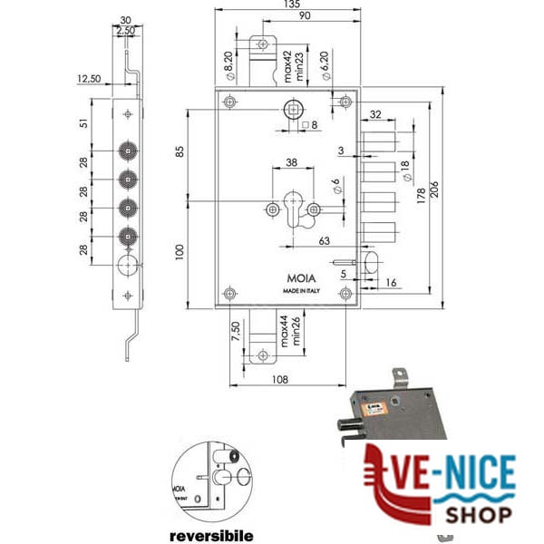 SERRATURA SIC.TRIPLICE CIL. E63 664/280 MOIA 664/280DFB MOIA SERR.BLINDATE S - immagine 2