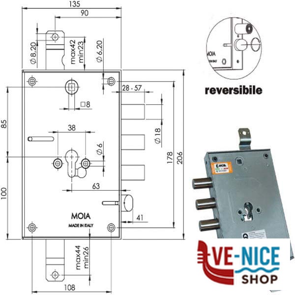 SERRATURA SIC.TRIPLICE CIL. E63 664/370 MOIA 664/370DFB MOIA SERR.BLINDATE S - immagine 2