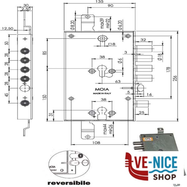 SERRATURA SIC.TRIPLICE CIL. E63 6654/280 MOIA 6654/280DFB/S1 MOIA SERR.BLINDATE S - immagine 3
