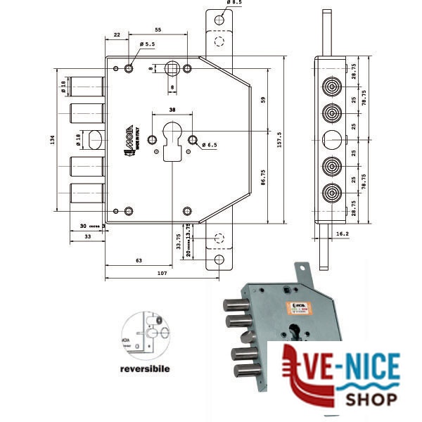 SERRATURA SIC.TRIPLICE DX CIL. E63 RCO654/250 MOIA RCO654/250DFB MOIA SERR.BLINDATE S - immagine 2