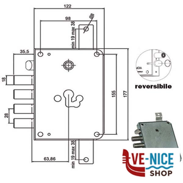 SERRATURA SIC.TRIPLICE CIL. E63 RCE664/280 MOIA RCE664/280RF MOIA SERR.BLINDATE S - immagine 3