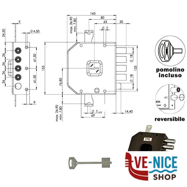 SERRATURA SIC.TRIPLICE DX DM A414 MOIA A414DX MOIA SERR.LEGNO APPLICARE S - immagine 3