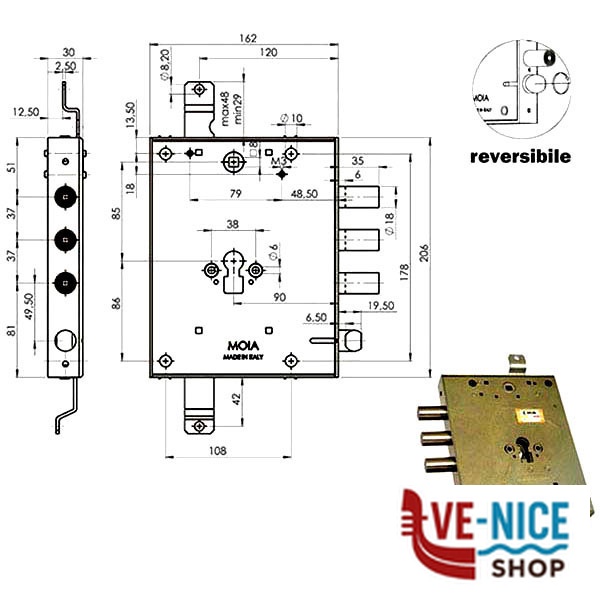 SERRATURA SIC.TRIPLICE DX CIL.E89 RMGA664/373 MOIA 664/373DFQB MOIA SERR.BLINDATE S - immagine 2