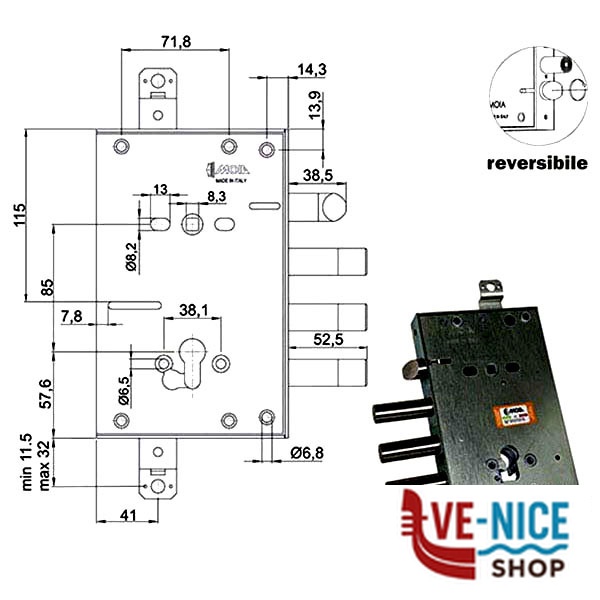 SERRATURA SIC.TRIPLICE CIL. E63 RCI664+21/380 MOIA 664/380RFB+21,5 MOIA SERR.BLINDATE S - immagine 2