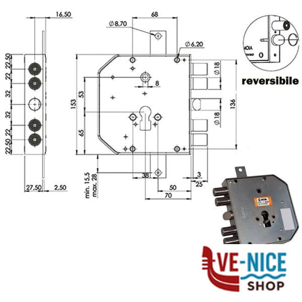 SERRATURA SIC.TRIPLICE DX CIL. E73 RTE654/220 MOIA 654/220DFB MOIA SERR.BLINDATE S - immagine 2