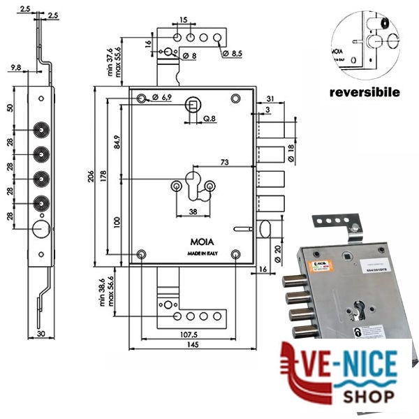 SERRATURA SIC.TRIPLICE CIL. E73 RPO664/281 MOIA 664/281RFB MOIA SERR.BLINDATE S - immagine 2