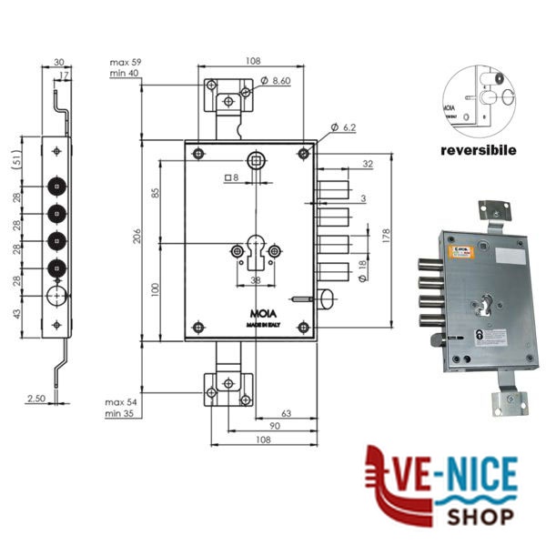 SERRATURA SIC.TRIPLICE.CIL. E63 RCE664/280 MOIA RCE664/280DFB MOIA SERR.BLINDATE S - immagine 3